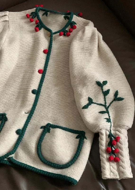 Embroidered women's cotton coats in a bohemian pattern for a unique designBeautiful Beige Embroidered Button Patchwork Knit Coats Fall