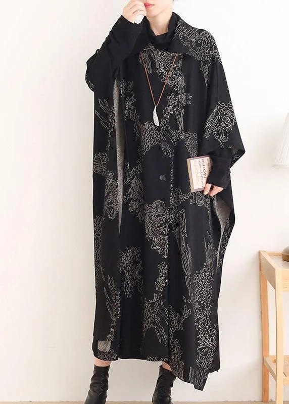 Mid - length women's down coats in a slim fit for a modern and sleek appearanceBeautiful Black Print Peter Pan Collar Button Long Trench coats Mid - length women's down coats in a slim fit for a modern and sleek appearanceBeautiful Black Print Peter Pan Collar Button Long Trench coats