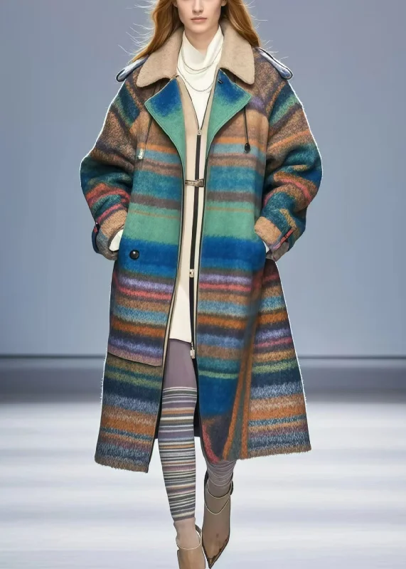 Women's long - sleeve wool coats in a houndstooth pattern for a classic charmBeautiful Colorblock Oversized Striped Woolen Coats Fall