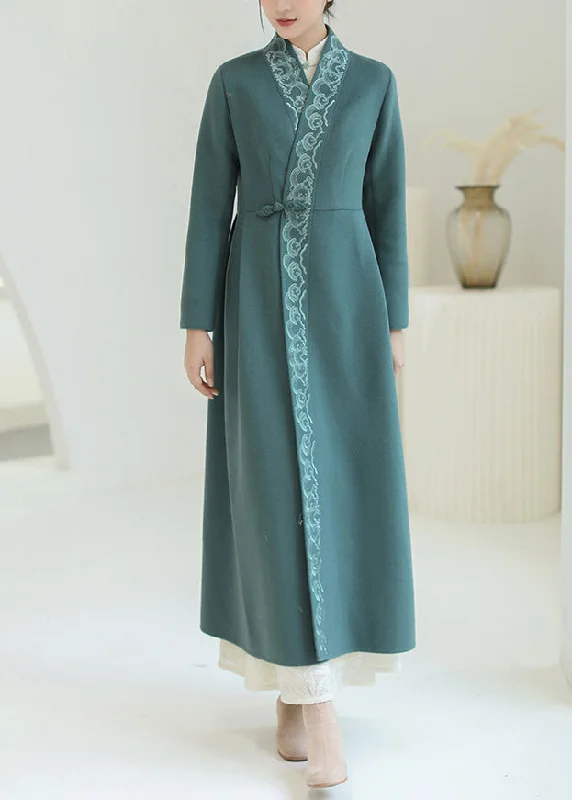 Women's pea coats with brass buttons for a nautical - inspired styleBeautiful Green Embroideried Chinese Button Woolen Trench Coats Winter Women's pea coats with brass buttons for a nautical - inspired styleBeautiful Green Embroideried Chinese Button Woolen Trench Coats Winter