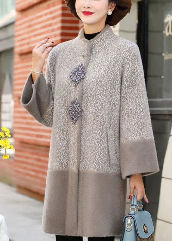 Women's waterproof parka coats with multiple pockets for practicalityBeautiful Light Grey Stand Collar Patchwork Pockets Mink Hair Knitted Trench Coats Winter