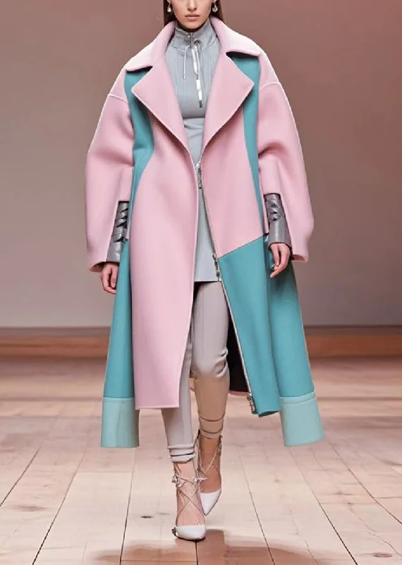 Quilted down women's coats with removable hoods for outdoor activitiesBeautiful Pink Oversized Patchwork Woolen Coat Outwear Fall