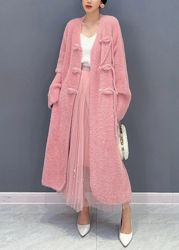Hooded women's puffer coats in neon colors for high - visibility sportsBeautiful Pink V Neck Button Woolen Trench Coat Long Sleeve