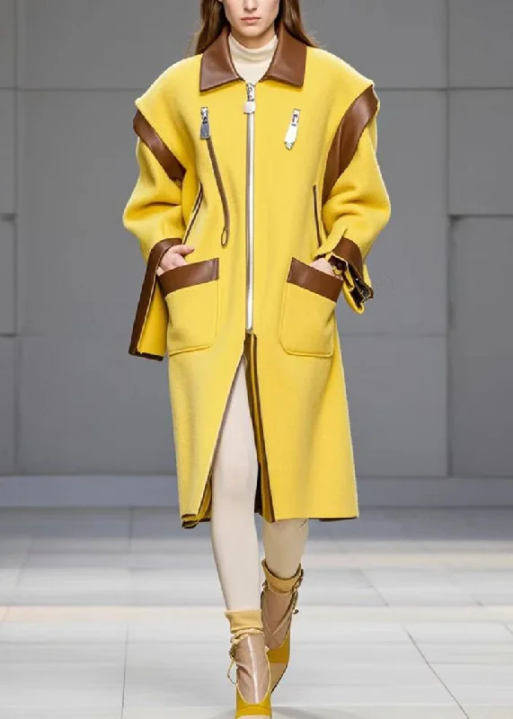Women's knee - length wool blend coats with a fur collar for added warmthBeautiful Yellow Zip Up Patchwork Pockets Woolen Coats Fall