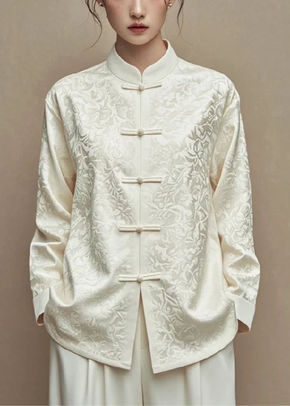Women's longline double - breasted camel coats for a sophisticated lookBeige Jacquard Button Silk Cotton Coats Stand Collar Fall