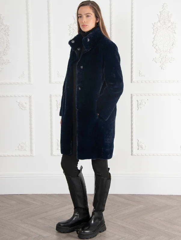 Signature Jackie Stand Collar Recycled Vegan Faur Fux Shearling Coat | Ink Blue