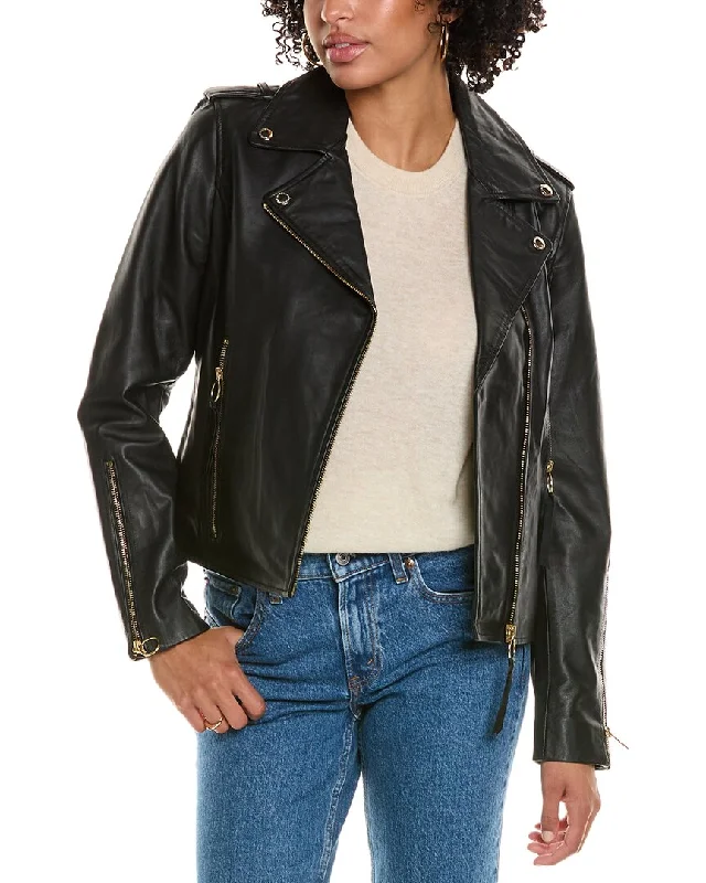 Water - resistant women's trench coats with adjustable cuffs for rainy daysSam Edelman Ring Zipper Leather Moto Jacket