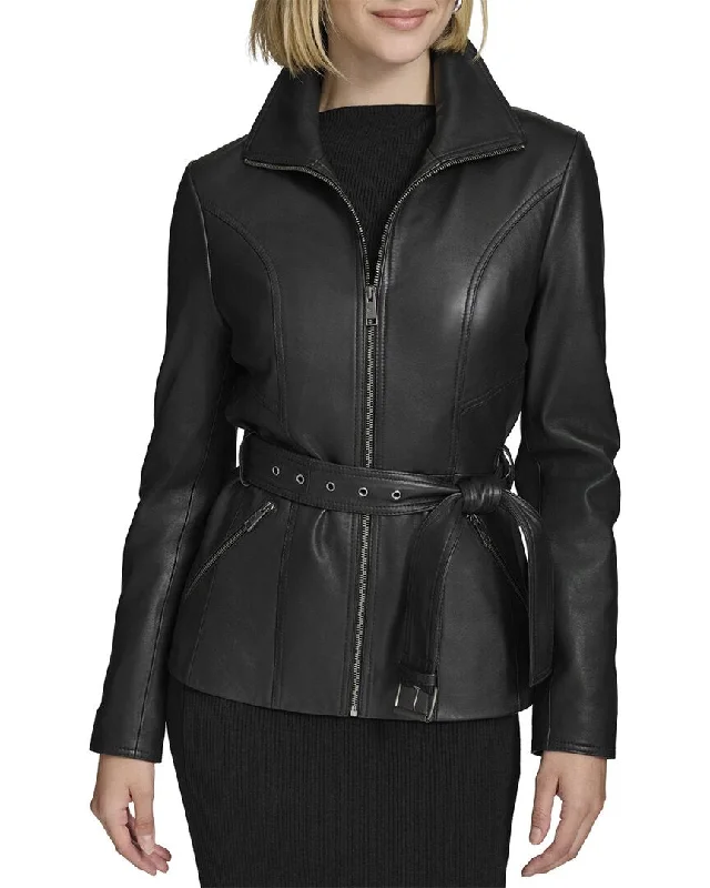 Quilted down women's coats with removable hoods for outdoor activitiesAndrew Marc Tatum Leather Coat