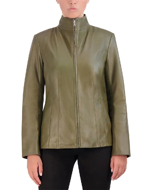 Women's cropped leather coats with silver studs for an edgy lookCole Haan Smooth Leather Wing Collar Jacket Women's cropped leather coats with silver studs for an edgy lookCole Haan Smooth Leather Wing Collar Jacket