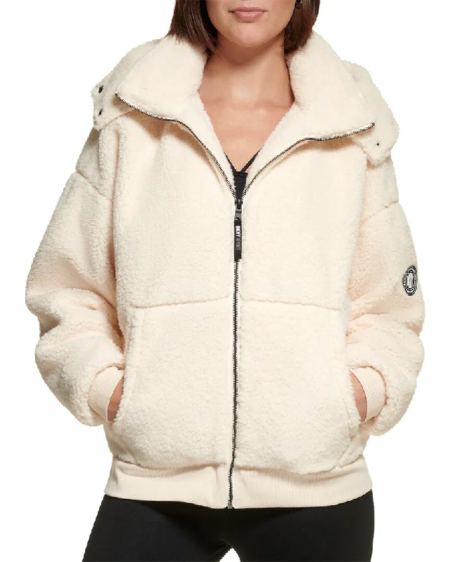 Women's reversible down coats with two - tone designs for versatile stylingDkny Roebling Fleece Hooded Leather Bomber Jacket