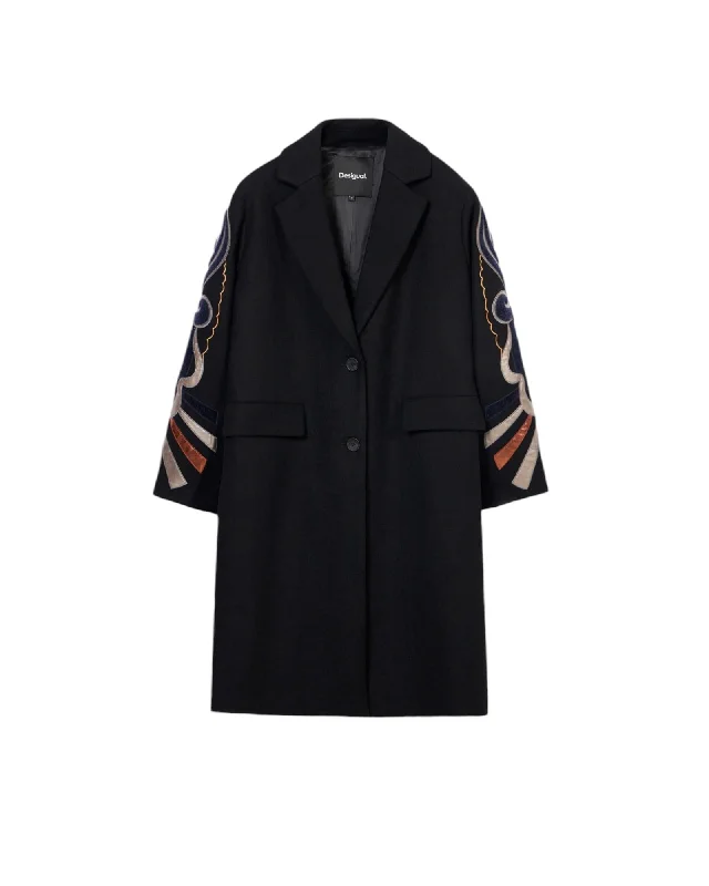 Women's longline double - breasted camel coats for a sophisticated lookDesigual Women's Embroidered Sleeve Coat Women's longline double - breasted camel coats for a sophisticated lookDesigual Women's Embroidered Sleeve Coat