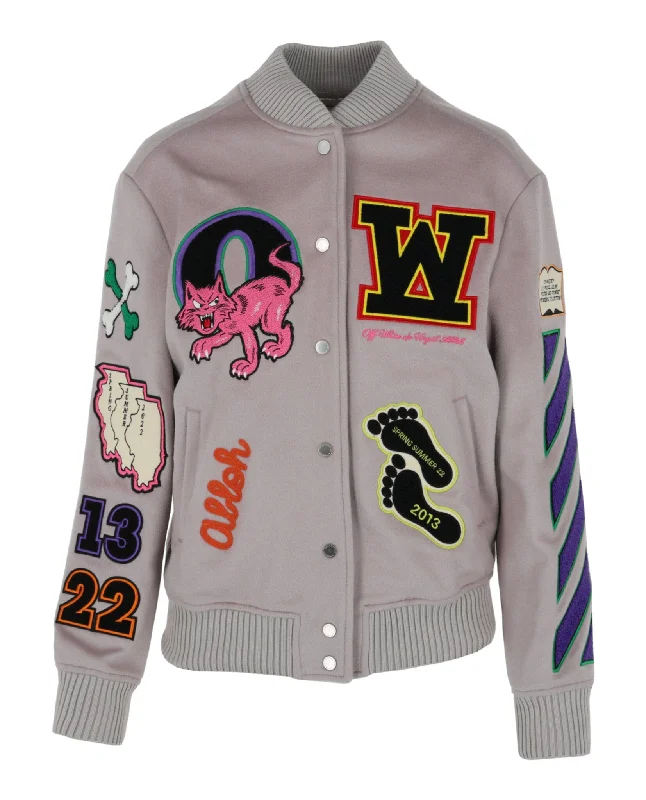 Quilted down women's coats with removable hoods for outdoor activitiesOff-White Womens Embroidered Patches Varsity Bomber Jacket Quilted down women's coats with removable hoods for outdoor activitiesOff-White Womens Embroidered Patches Varsity Bomber Jacket