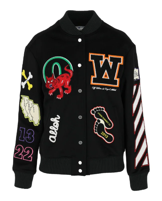 Women's long - sleeve wool coats in a houndstooth pattern for a classic charmOff-White Womens Embroidered Patches Varsity Bomber Jacket Women's long - sleeve wool coats in a houndstooth pattern for a classic charmOff-White Womens Embroidered Patches Varsity Bomber Jacket
