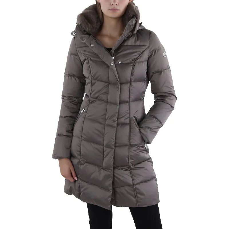 Hooded women's puffer coats in neon colors for high - visibility sportsWomens Insulated Faux Fur Collar Puffer Jacket