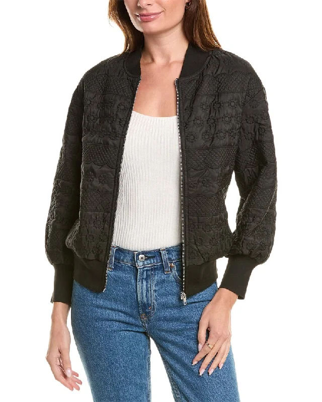 Women's reversible down coats with two - tone designs for versatile stylingGracia Floral Embossed Zip-Up Bomber Jacket