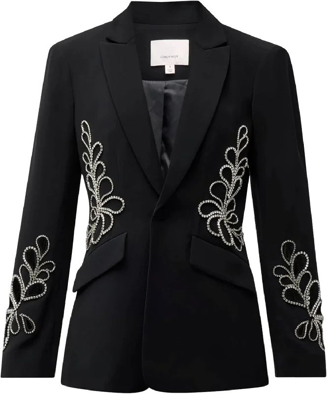 Embroidered women's cotton coats in a bohemian pattern for a unique designCinq a Sept Women's Rhinestone Paisley Cheyenne Blazer, Black, 2