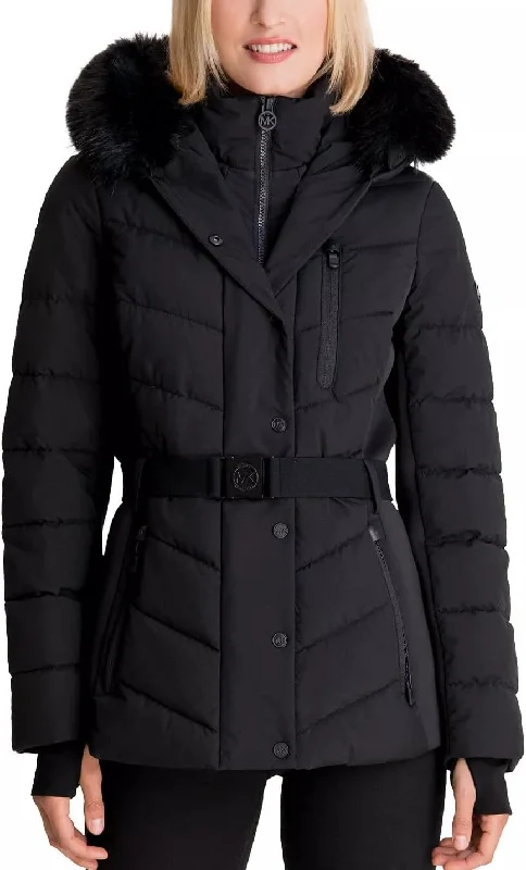 Hooded women's puffer coats in neon colors for high - visibility sportsMichael Michael Kors Women's Faux Fur Belted Scuba Coat, Black, L