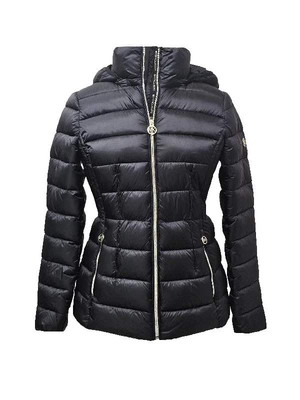 Long women's mac coats in a lightweight fabric for spring showersMichael Michael Kors Women's Hooded Packable Jacket, Black, L