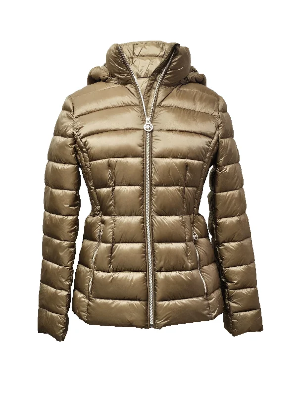 Petite women's wool blend coats with a tailored fit for a flattering silhouetteMichael Michael Kors Women's Hooded Packable Jacket, Dark Camel, L