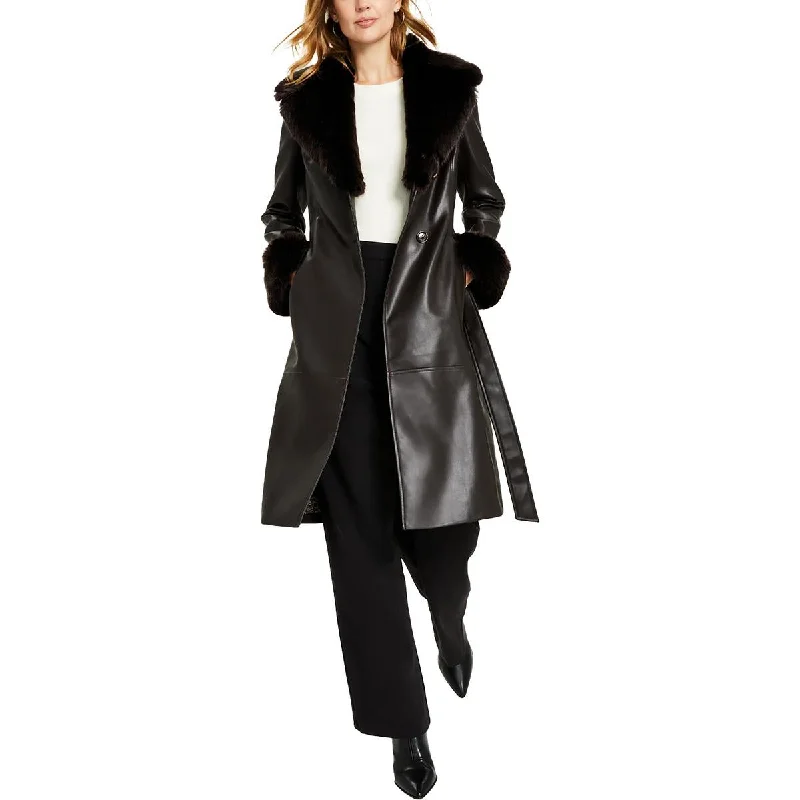 Women's long - sleeve wool coats in a houndstooth pattern for a classic charmWomens Faux Leather Midi Trench Coat