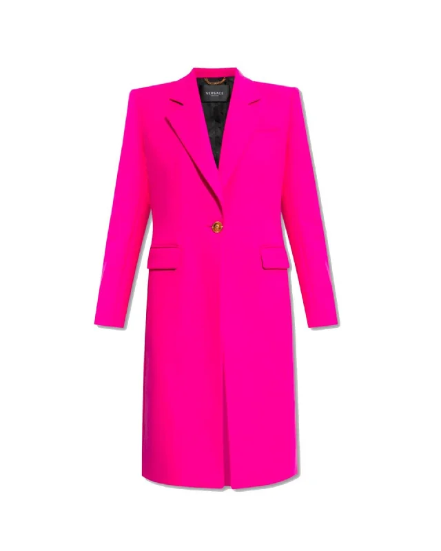 Women's long - sleeve wool coats in a houndstooth pattern for a classic charmVersace Wool Long Coat with Logo Buttons and Two-Pocket Design Women's long - sleeve wool coats in a houndstooth pattern for a classic charmVersace Wool Long Coat with Logo Buttons and Two-Pocket Design