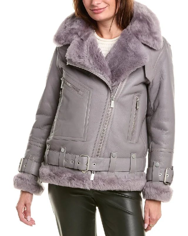 Women's reversible down coats with two - tone designs for versatile stylingGorski Shearling Zip Moto Jacket Women's reversible down coats with two - tone designs for versatile stylingGorski Shearling Zip Moto Jacket