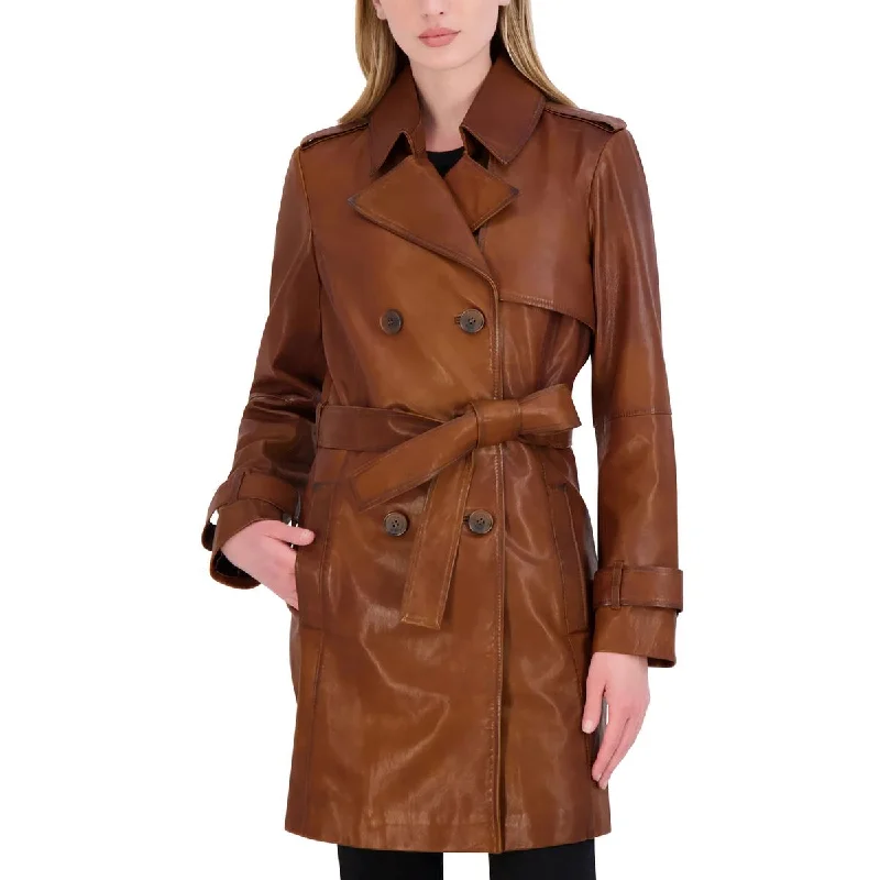 Water - resistant women's trench coats with adjustable cuffs for rainy daysPetites Womens Collared Long Leather Jacket