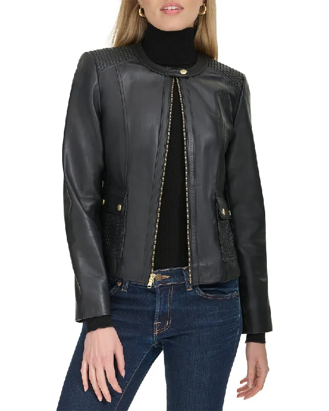Women's cropped leather coats with silver studs for an edgy lookCole Haan Smooth Leather Jacket Women's cropped leather coats with silver studs for an edgy lookCole Haan Smooth Leather Jacket