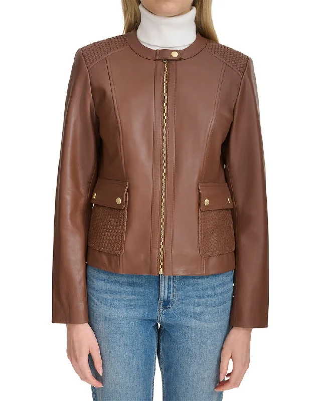Women's knee - length wool blend coats with a fur collar for added warmthCole Haan Smooth Leather Jacket Women's knee - length wool blend coats with a fur collar for added warmthCole Haan Smooth Leather Jacket