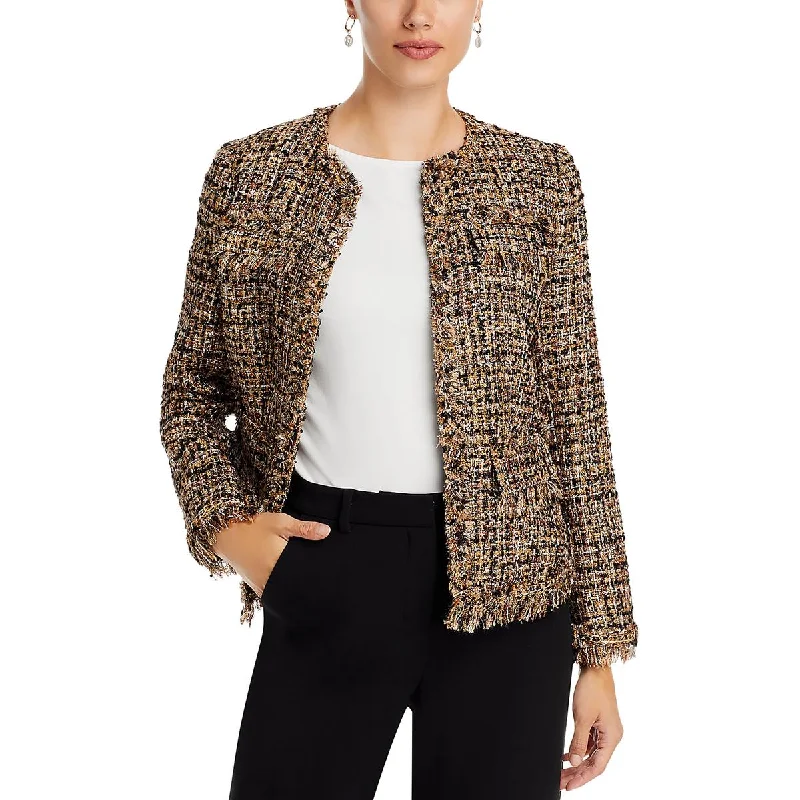 Women's cropped leather coats with silver studs for an edgy lookWomens Tweed Metallic Collarless Blazer Women's cropped leather coats with silver studs for an edgy lookWomens Tweed Metallic Collarless Blazer