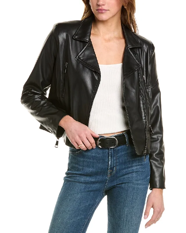 Women's cropped leather coats with silver studs for an edgy lookTheo The Label Hera V-Leather Zip Biker Jacket