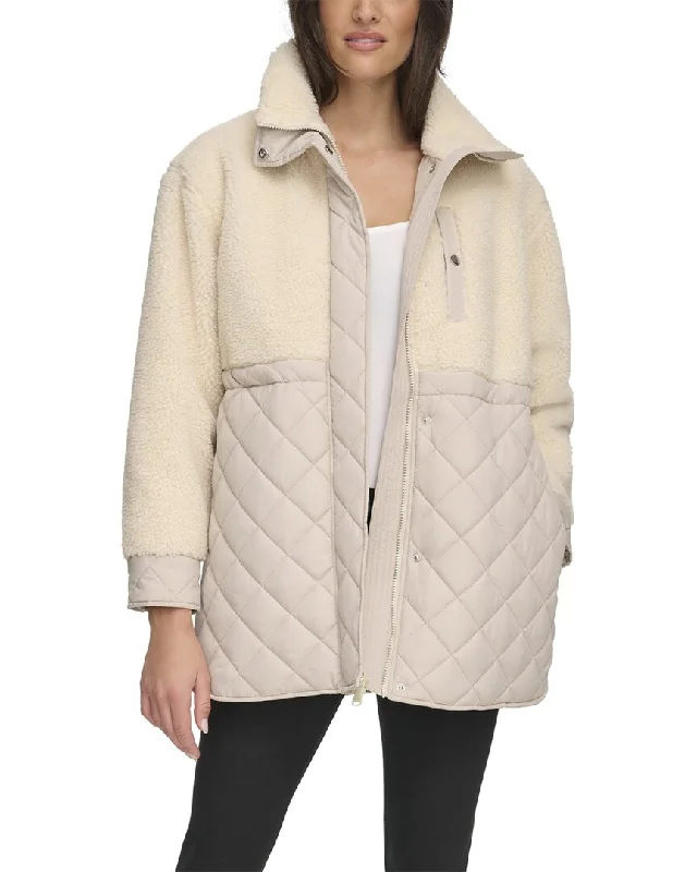Hooded women's puffer coats in neon colors for high - visibility sportsAndrew Marc Longline Quilted Jacket