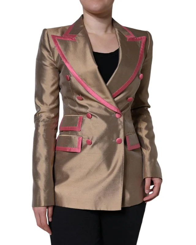 Women's faux fur coats in bright colors for a bold fashion statementDolce & Gabbana Metallic Double Breasted Silk Blazer with Peak Lapels and Flap Pockets
