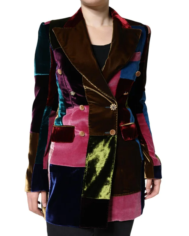 Mid - length women's down coats in a slim fit for a modern and sleek appearanceDolce & Gabbana Double Breasted Patchwork Blazer Jacket with Silk Lining