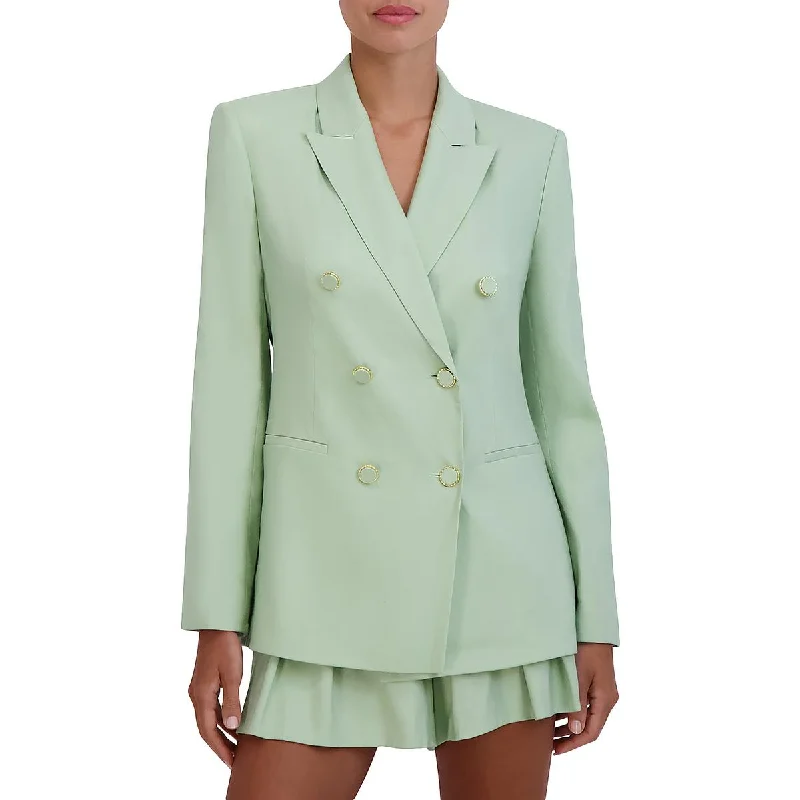 Mid - length women's down coats in a slim fit for a modern and sleek appearanceWomens Linen Blend Long Sleeve Double-Breasted Blazer