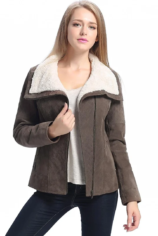 Women's long - sleeve wool coats in a houndstooth pattern for a classic charmBGSD Women Liza Quilted Sherpa Suede Leather Jacket Women's long - sleeve wool coats in a houndstooth pattern for a classic charmBGSD Women Liza Quilted Sherpa Suede Leather Jacket