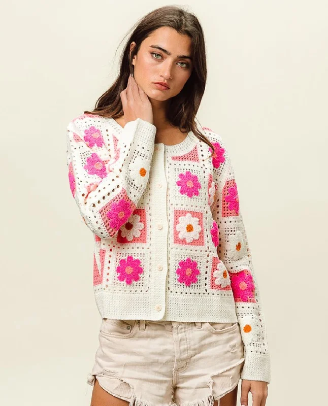 v neck women cardigan to elongate the necklineFlower Crochet Lace Cardigan