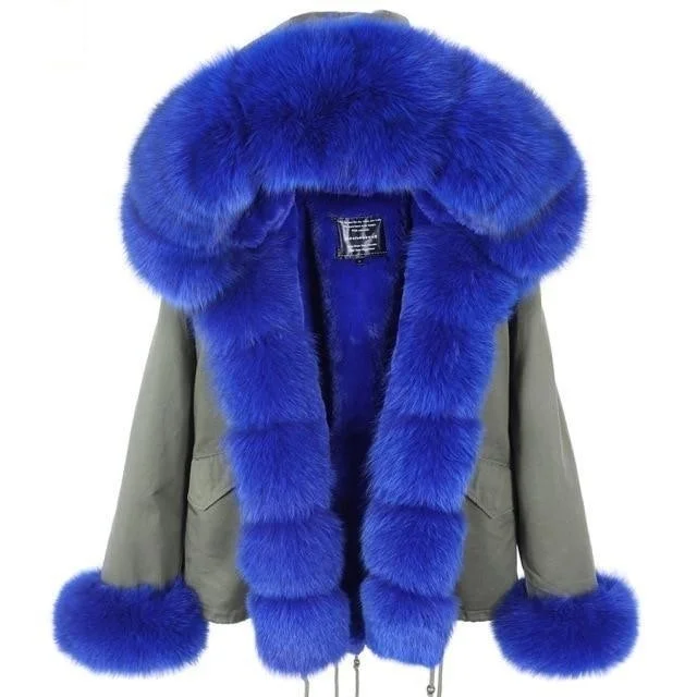Hooded women's puffer coats in neon colors for high - visibility sportsBig Winter Coat for Women Real Fox Raccoon Fur Thick Warm Hood Jacket