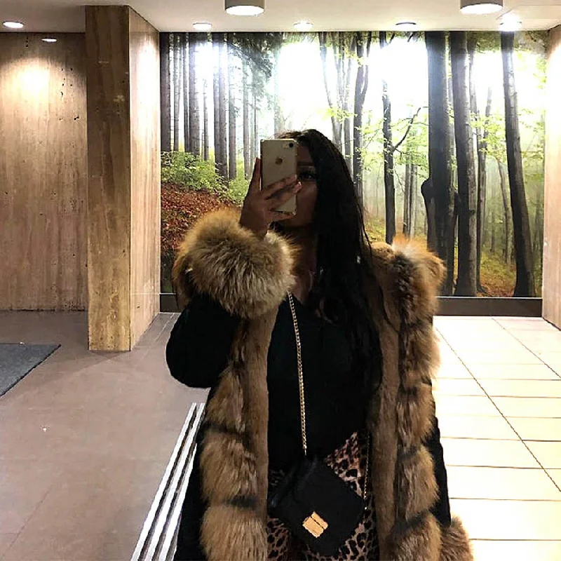 Plus size women's wool blend coats for a warm and stylish winterBlack Color Women's Real Fur Winter Coat Jacket with Contrasting Fur Collar