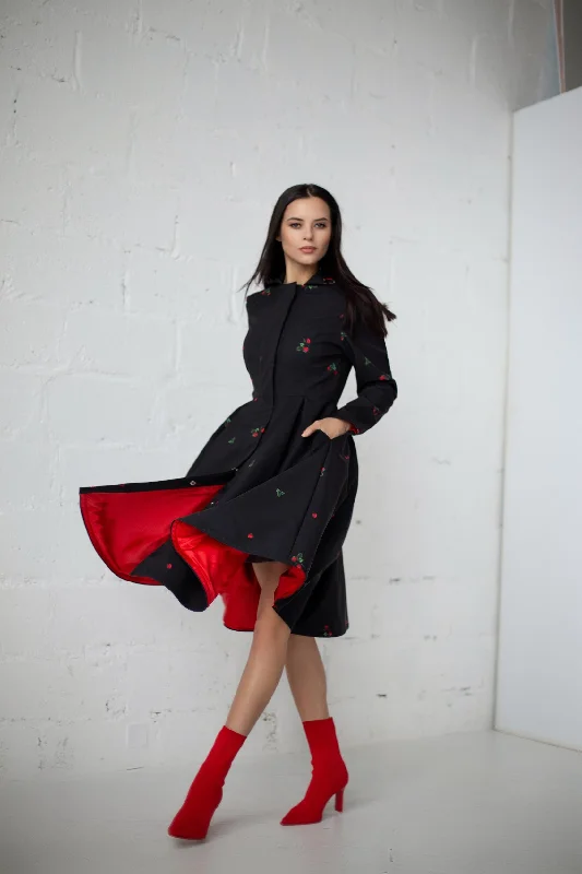 Embroidered women's cotton coats in a bohemian pattern for a unique designBlack Fitted Coat with Pleated Skirt and Strawberry Print | 'Wild Strawberry' Embroidered women's cotton coats in a bohemian pattern for a unique designBlack Fitted Coat with Pleated Skirt and Strawberry Print | 'Wild Strawberry'
