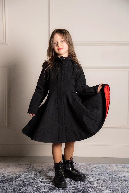 Petite women's wool blend coats with a tailored fit for a flattering silhouetteBlack Girl's Coat with Bright Red Lining | 'Raven Red' Petite women's wool blend coats with a tailored fit for a flattering silhouetteBlack Girl's Coat with Bright Red Lining | 'Raven Red'