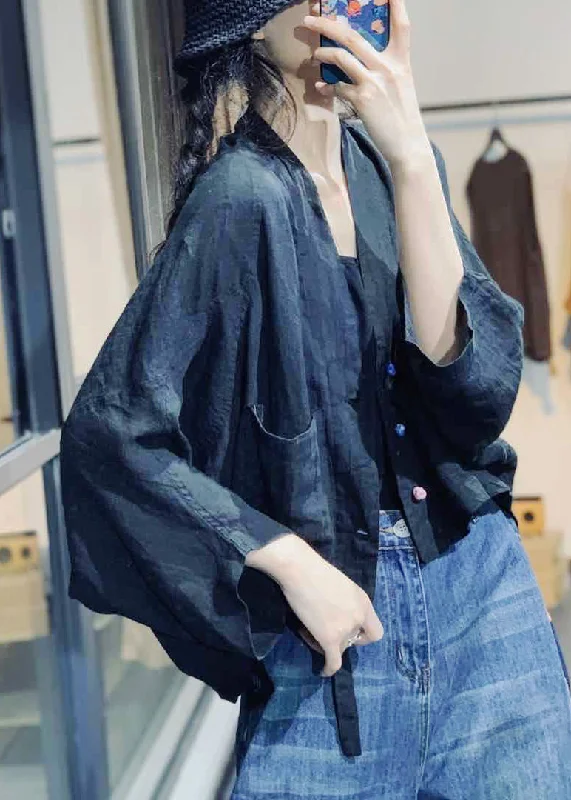 Mid - length women's down coats in a slim fit for a modern and sleek appearanceBlack Low High Design Solid Linen Coat V Neck Fall