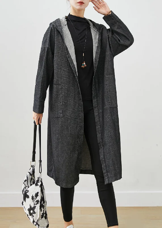 Women's knee - length wool blend coats with a fur collar for added warmthBlack Oversized Denim Trench Coats Hooded Pockets Fall Women's knee - length wool blend coats with a fur collar for added warmthBlack Oversized Denim Trench Coats Hooded Pockets Fall