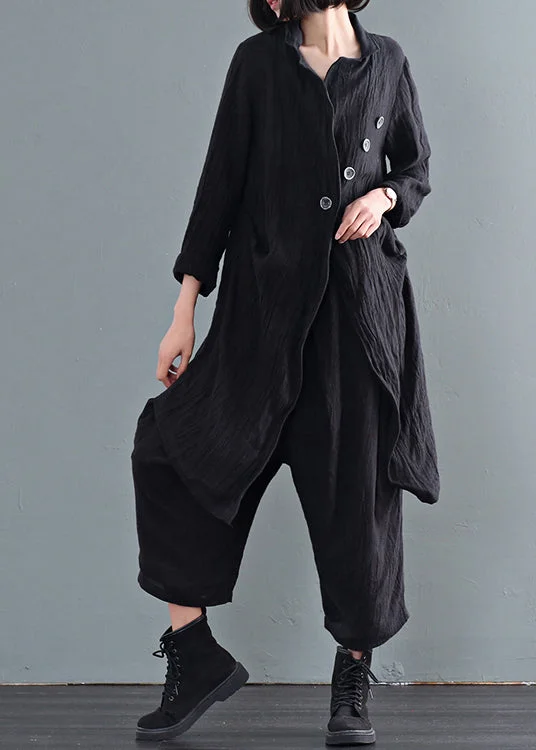Mid - length women's down coats in a slim fit for a modern and sleek appearanceBlack Oversized Linen Trench Coats Wrinkled Button Fall Mid - length women's down coats in a slim fit for a modern and sleek appearanceBlack Oversized Linen Trench Coats Wrinkled Button Fall