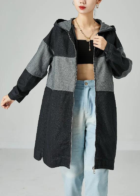 Women's cropped leather coats with silver studs for an edgy lookBlack Patchwork Cotton Denim Trench Coat Hooded Oversized Spring