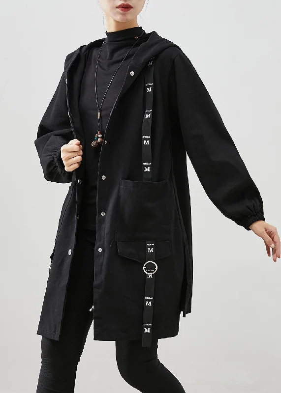 Women's pea coats with brass buttons for a nautical - inspired styleBlack Patchwork Cotton Hoodie Trench Coat Oversized Fall Women's pea coats with brass buttons for a nautical - inspired styleBlack Patchwork Cotton Hoodie Trench Coat Oversized Fall