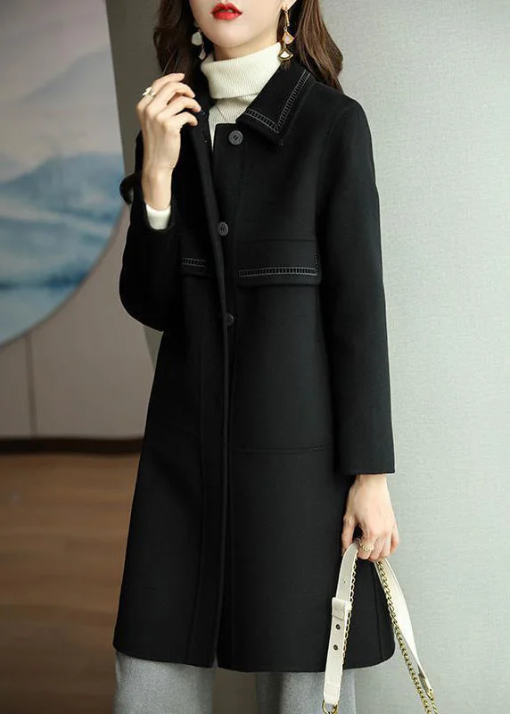 Plus size women's wool blend coats for a warm and stylish winterBlack Patchwork Woolen Trench Coats Turn Collar Button Down Fall