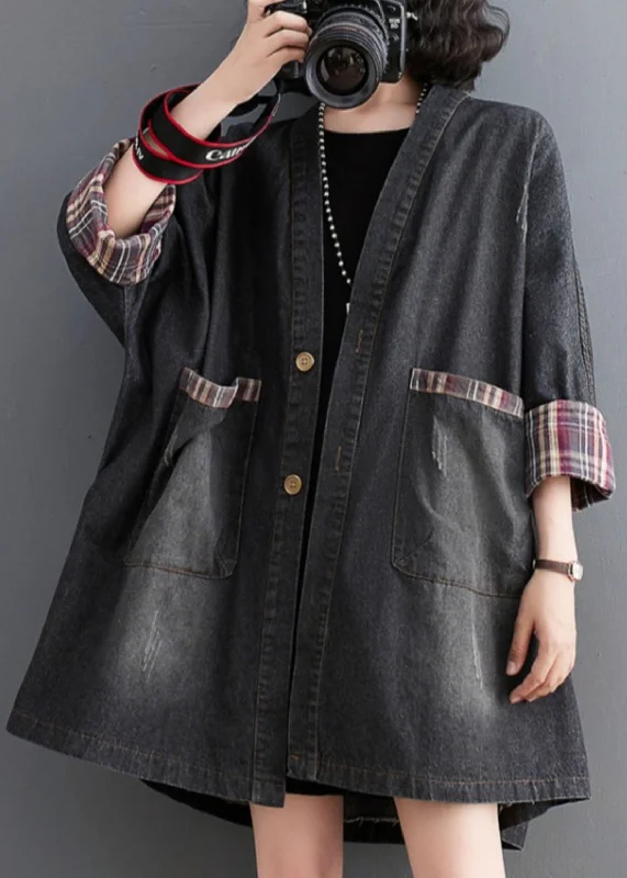Hooded women's puffer coats in neon colors for high - visibility sportsBlack Pockets Button Low High Design Denim Trench Coat Fall