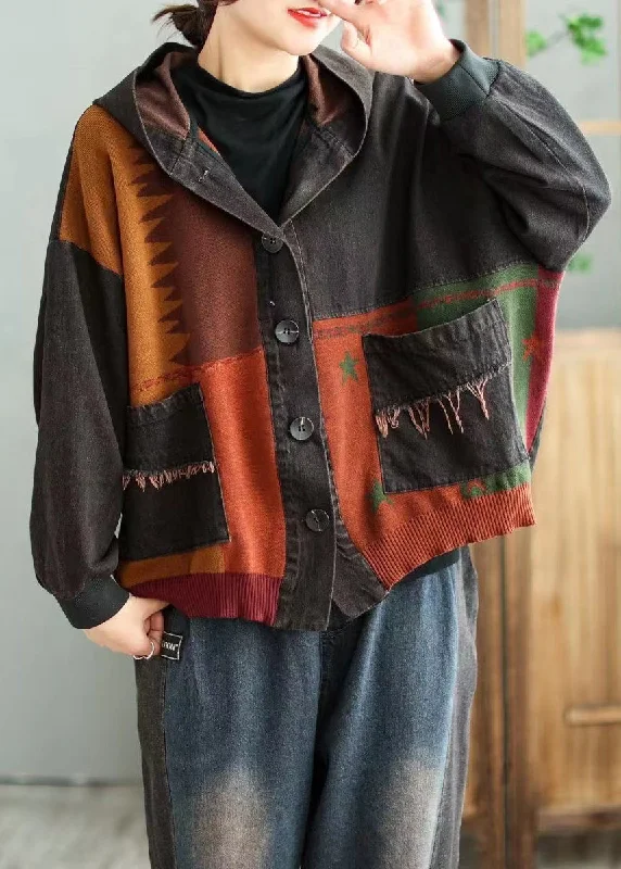 Women's waterproof parka coats with multiple pockets for practicalityBlack Pockets Patchwork Original Denim Coat Hooded Spring