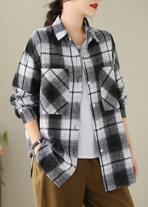 Women's longline double - breasted camel coats for a sophisticated lookBlack Pockets Plaid Casual Cotton Shirts Coat Peter Pan Collar Fall